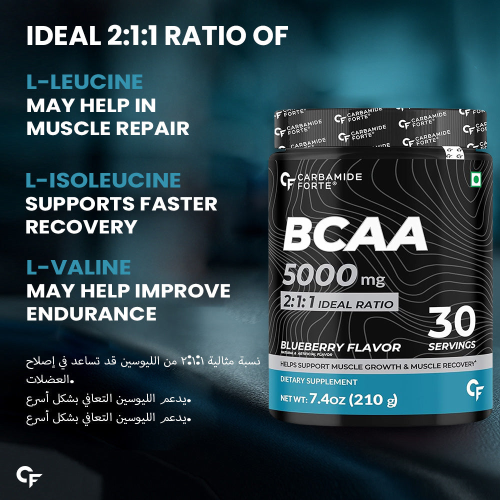 Carbamide Forte BCAA Powder For Men 5000mg | BCAA For Women & Men | BCAA For Recovery Muscle | BCAA For Men & Women 7g Serving with Ideal 2:1:1 Ratio | BCAA Drink With Blueberry Flavour - 210g