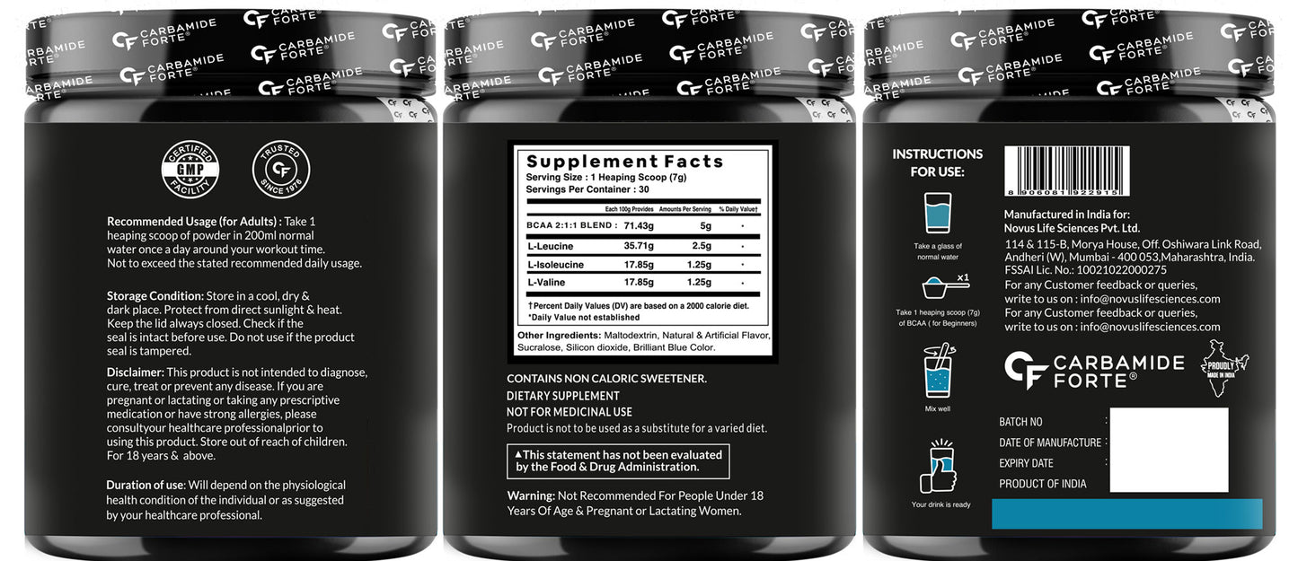 Carbamide Forte BCAA Powder For Men 5000mg | BCAA For Women & Men | BCAA For Recovery Muscle | BCAA For Men & Women 7g Serving with Ideal 2:1:1 Ratio | BCAA Drink With Blueberry Flavour - 210g
