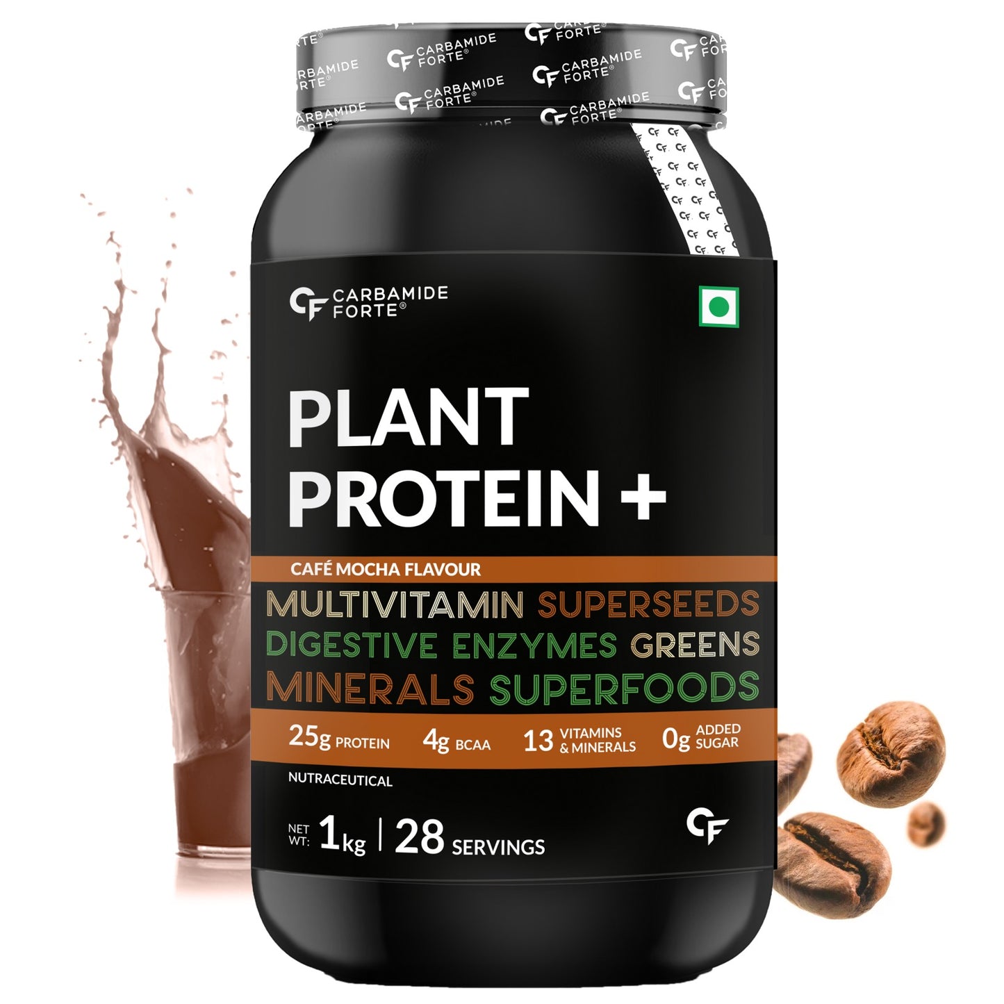 Carbamide Forte Vegan Protein Powder - Plant Based Protein Powder with Multivitamin, Minerals, Superfoods, Pea Protein, Digestive Enzymes | Plant Protein Powder Cafe Mocha Flavour - 1Kg