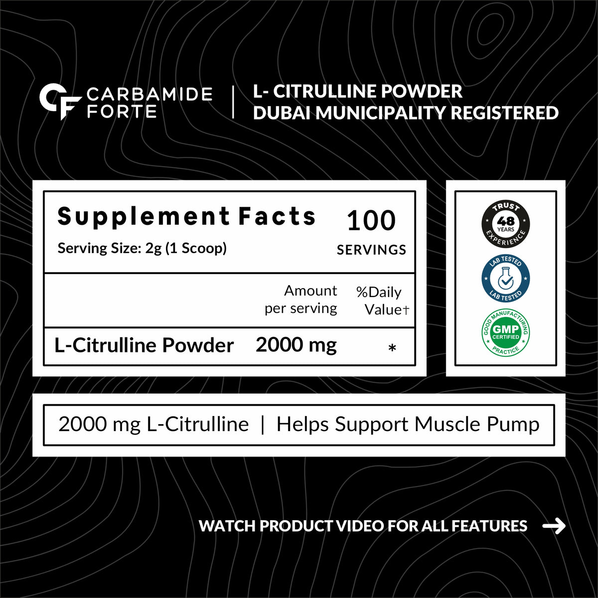 Carbamide Forte L Citrulline Powder 2000mg | L Citrulline Supplement Powder For Men And Women | Boosts Nitric Oxide Production - Unflavoured - 100 SERVINGS - 200g
