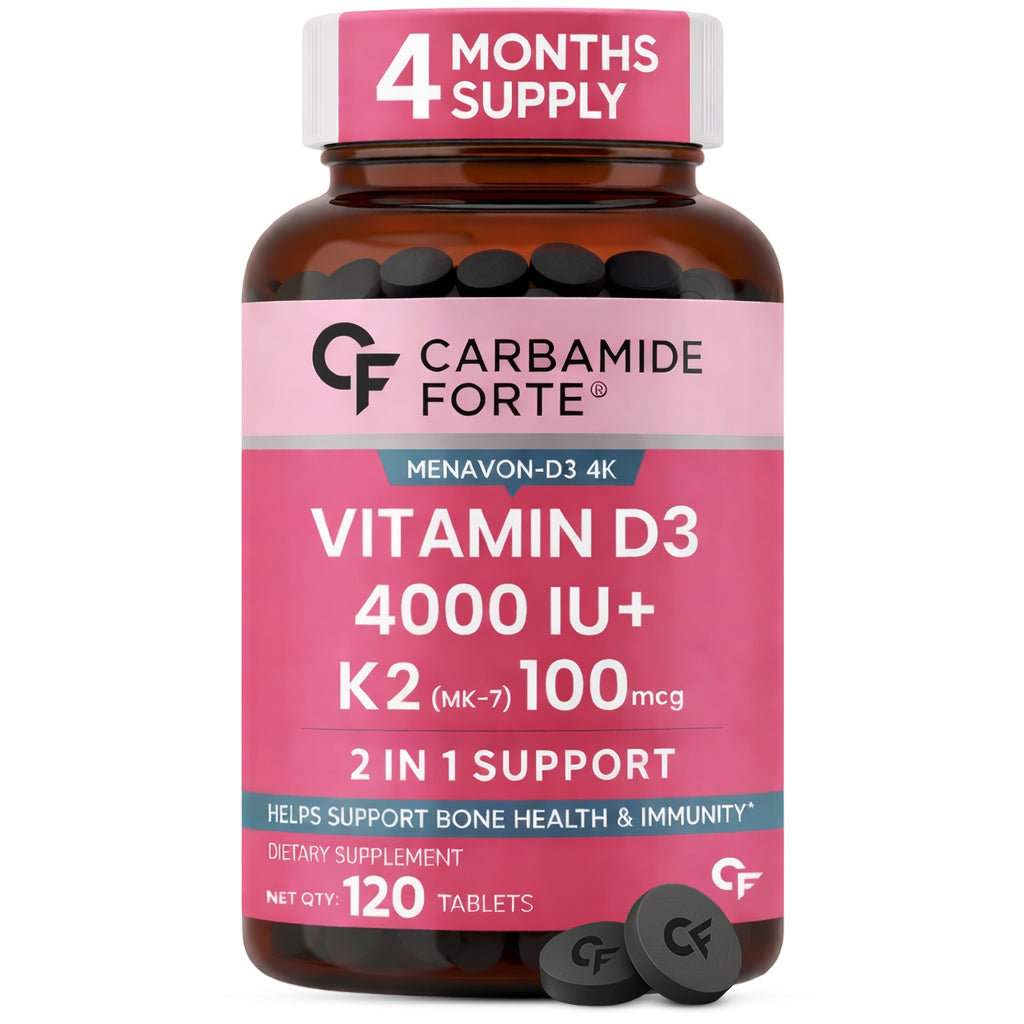 Carbamide Forte Vitamin D3 4000IU + K2 100µg (MK7) | 1 Tablet-A-Day | 4 Month Supply | High Strength Vitamin D3 K2 Supplement for Bone & Heart Health| 120 Tablets