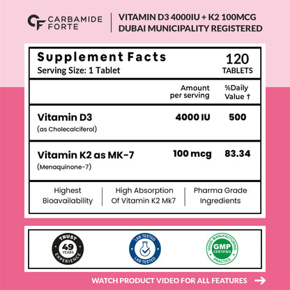 Carbamide Forte Vitamin D3 4000IU + K2 100µg (MK7) | 1 Tablet-A-Day | 4 Month Supply | High Strength Vitamin D3 K2 Supplement for Bone & Heart Health| 120 Tablets