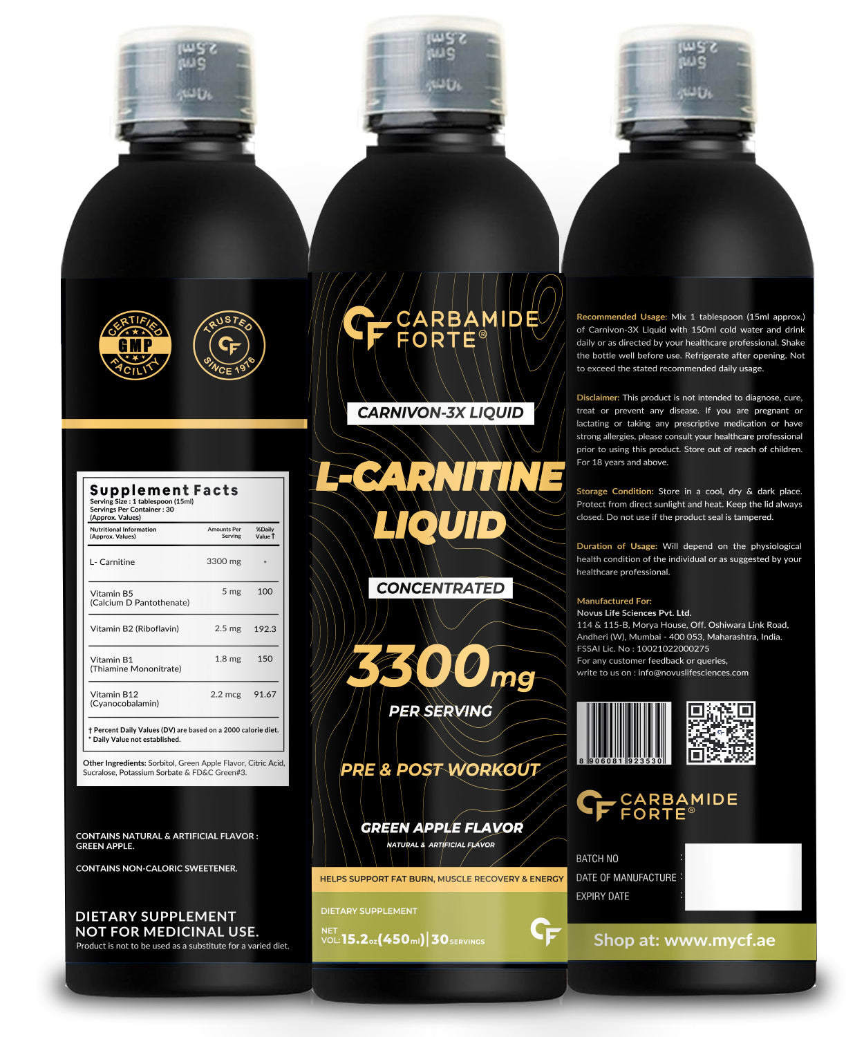 Carnitine Supplement For Men & Women | Liquid L Carnitine Pre Workout, Intra Workout & Post Workout Supplement With 3300 mg Per Serving With Added Vitamins