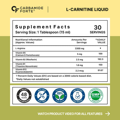 Carnitine Supplement For Men & Women | Liquid L Carnitine Pre Workout, Intra Workout & Post Workout Supplement With 3300 mg Per Serving With Added Vitamins