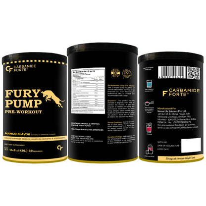 Fury Pump Pre-Workout – Explosive Energy & Focus | Boost Strength, Endurance & Blood Flow | In Various Flavors I For Men And Women - Mango Flavour 420g