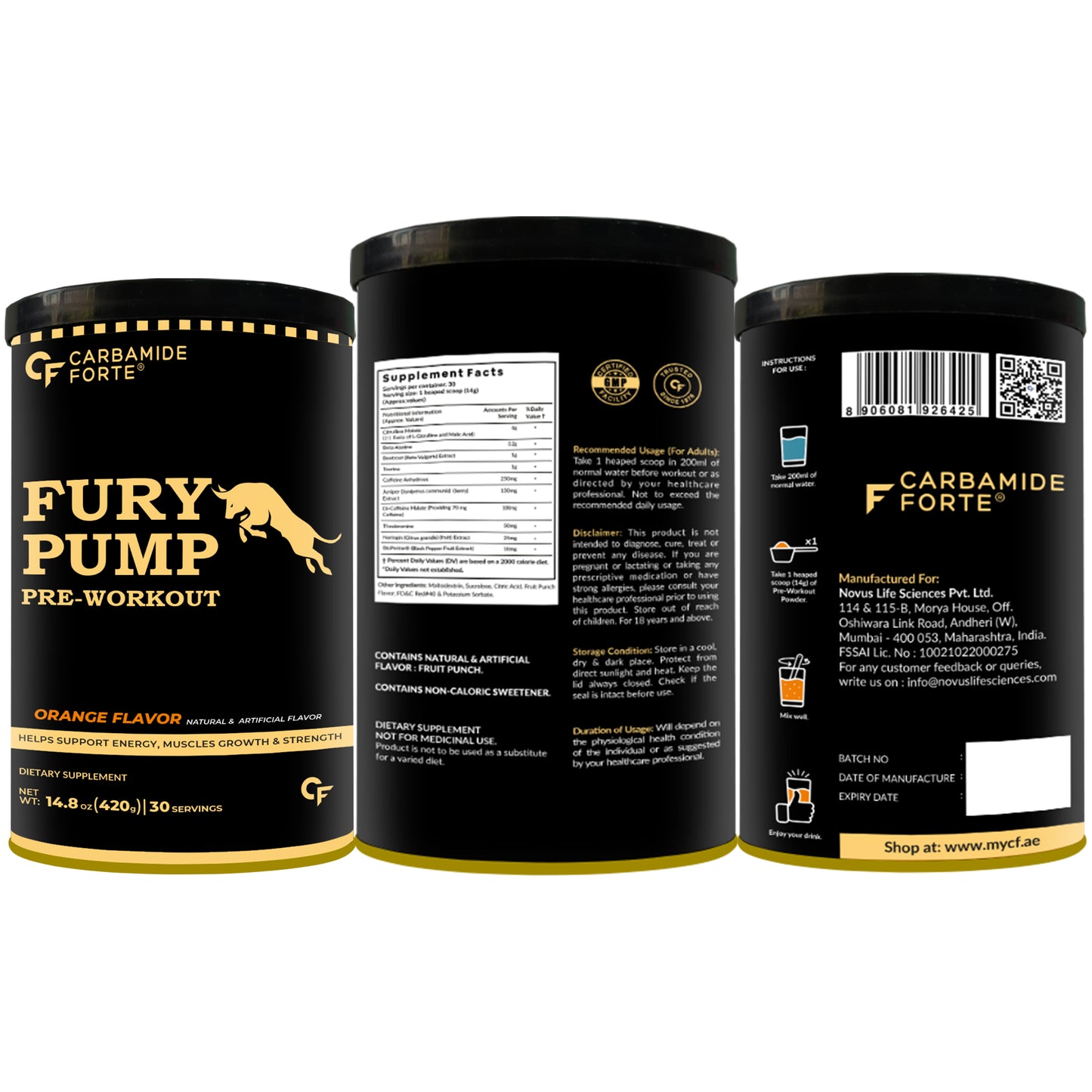 Fury Pump Pre-Workout – Explosive Energy & Focus | Boost Strength, Endurance & Blood Flow | In Various Flavors I For Men And Women- Orange Flavour 420g