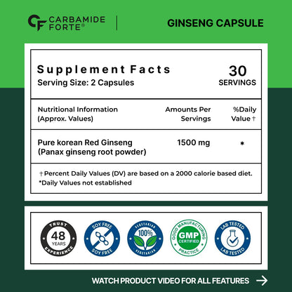 Pure Korean Red Ginseng 1500 mg | Ginseng Capsules for Energy, Stamina & Wellness
