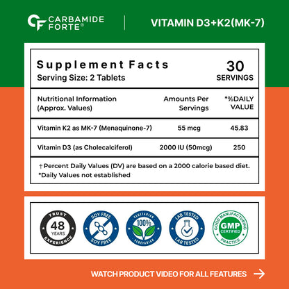 Vitamin D3 2000 IU & K2 55 mcg Tablets | Bone, Heart & Immunity Support | High Absorption