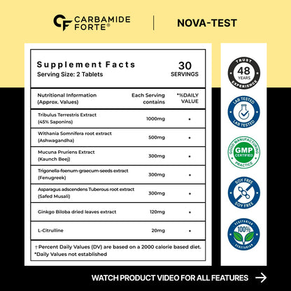 Nova Test – Advanced Testosterone Booster | 1000mg Tribulus & Ashwagandha | Boost Strength, Stamina & Vitality